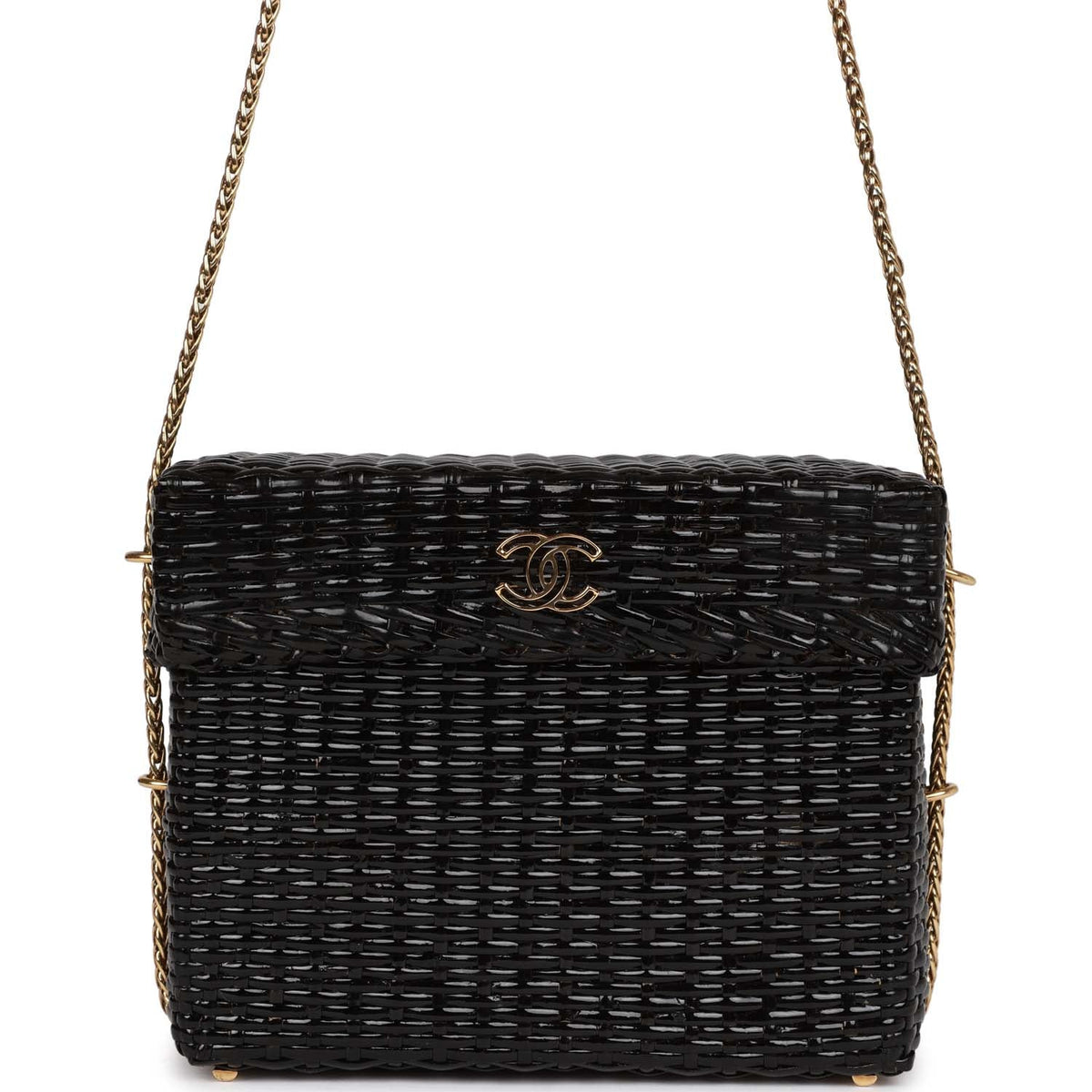 Vintage Chanel Wicker Picnic Basket Bag Black Gold Hardware