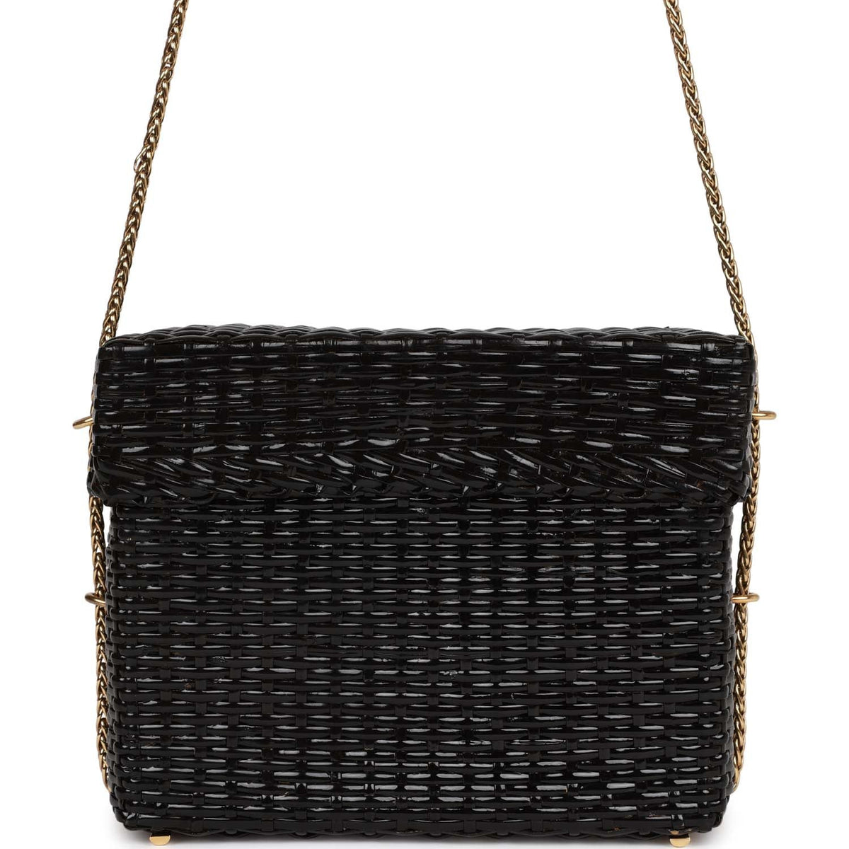 Vintage Chanel Wicker Picnic Basket Bag Black Gold Hardware