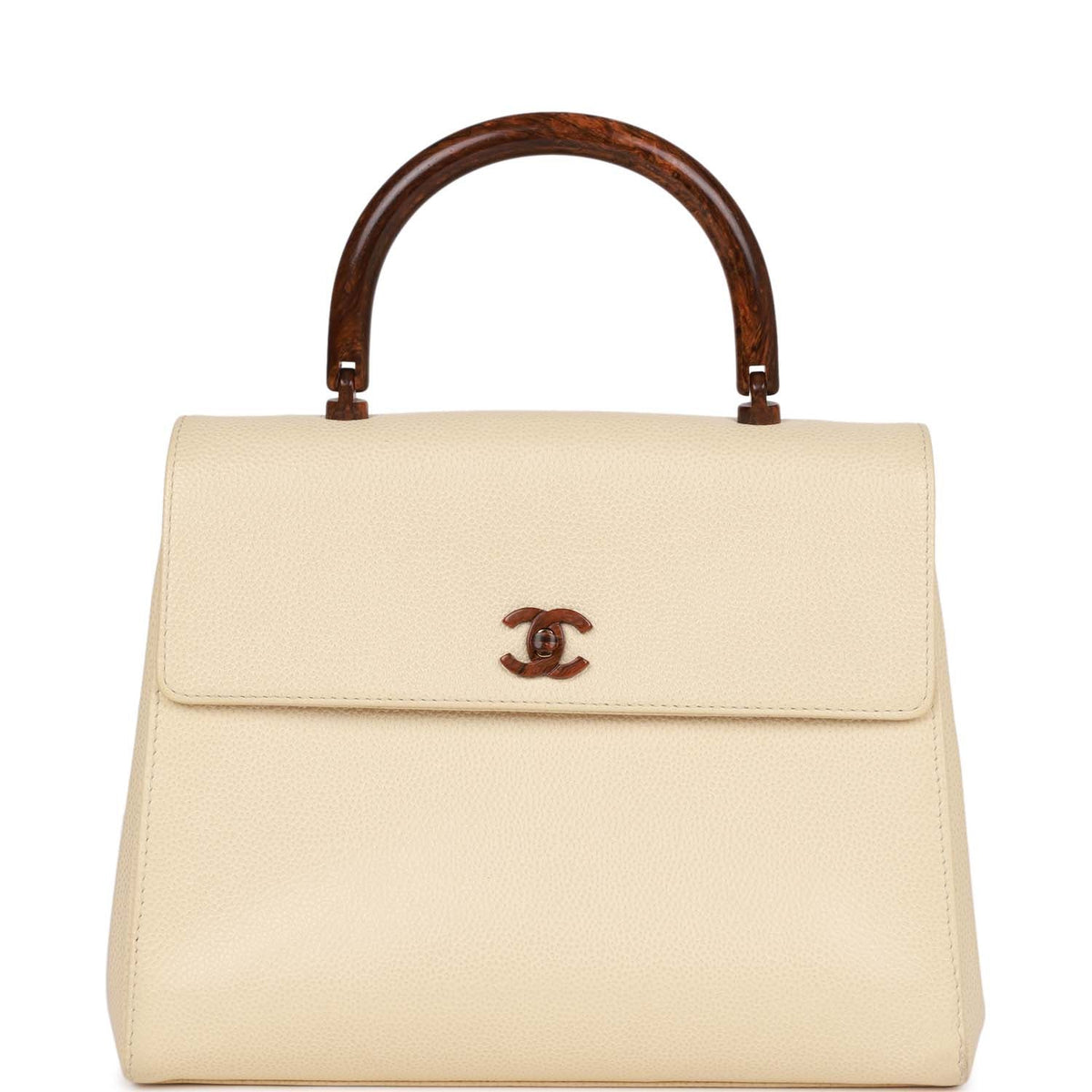 Vintage Chanel Wood Top Handle Kelly Ivory Caviar