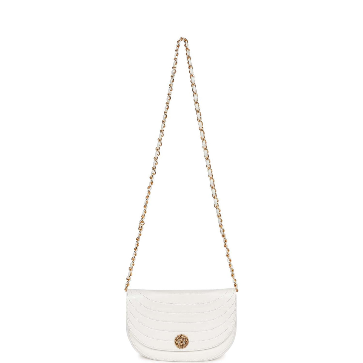 Vintage Chanel Half Moon Shoulder Bag White Lambskin Gold Hardware