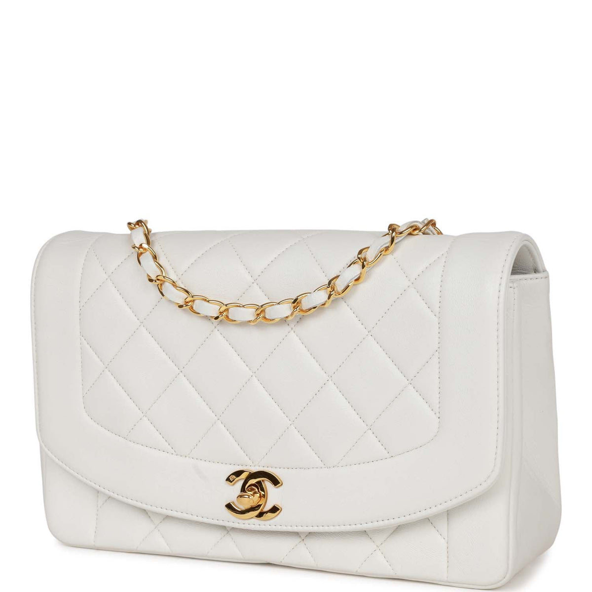 Vintage Chanel Medium Diana Flap Bag White Lambskin Gold Hardware