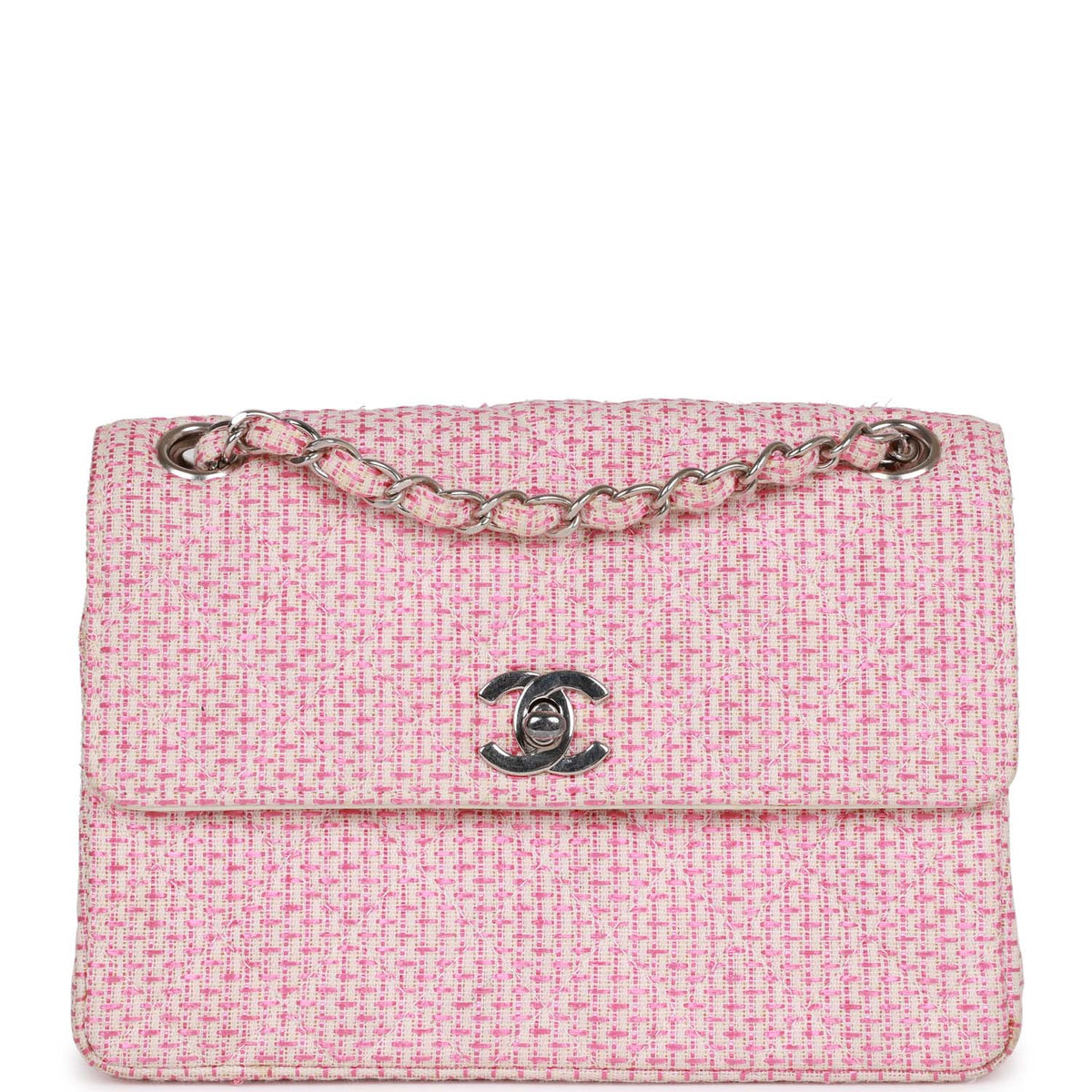 Vintage Chanel Classic Mini Flap Bag Pink Tweed Silver Hardware