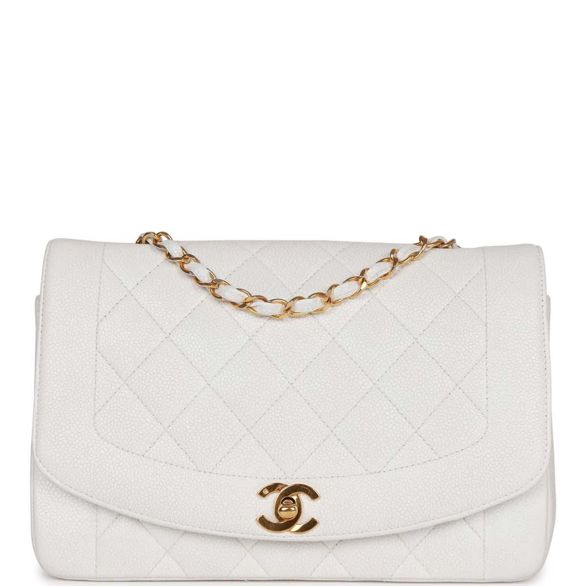 Vintage Chanel Medium Diana Flap Bag White Caviar Gold Hardware