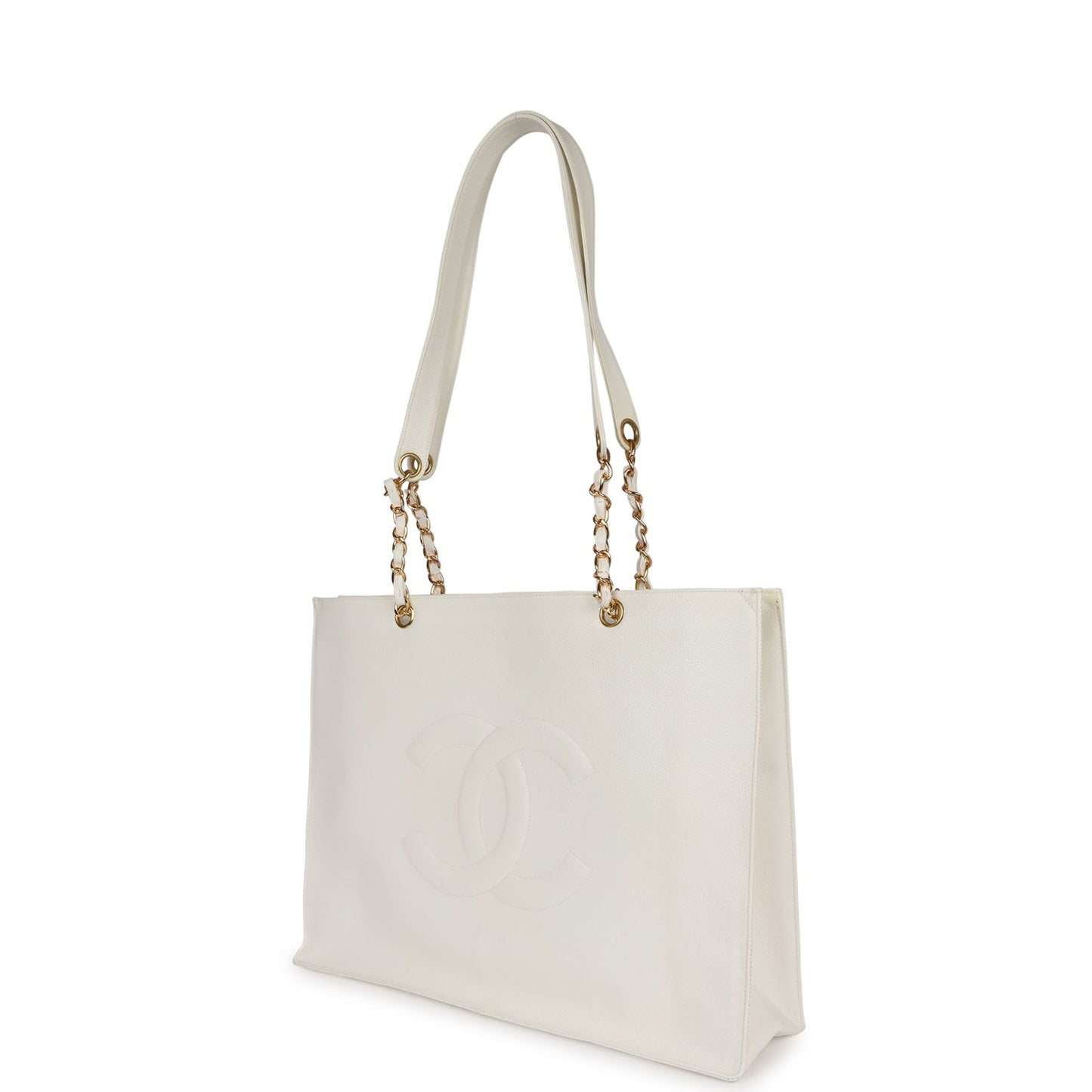 Vintage Chanel CC Chain Shopping Tote Bag White Caviar Gold Hardware