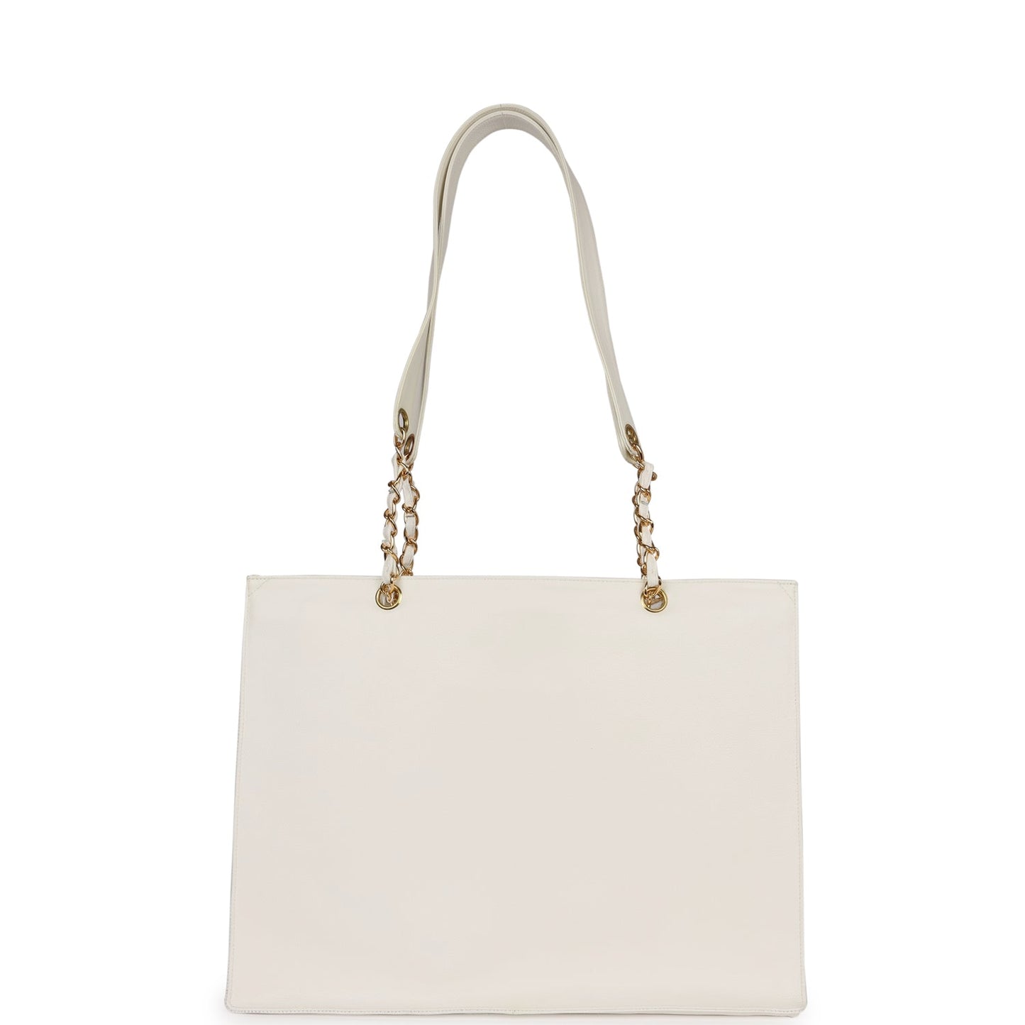 Vintage Chanel CC Chain Shopping Tote Bag White Caviar Gold Hardware