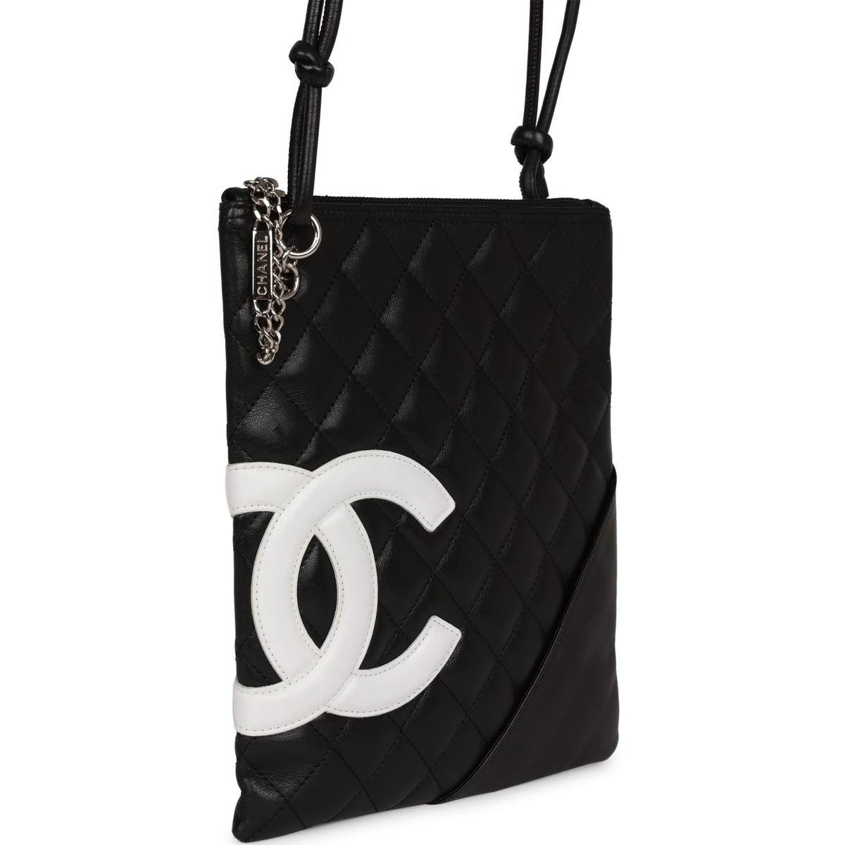 Vintage Chanel Cambon Flat Messenger Black and White Lambskin Silver Hardware