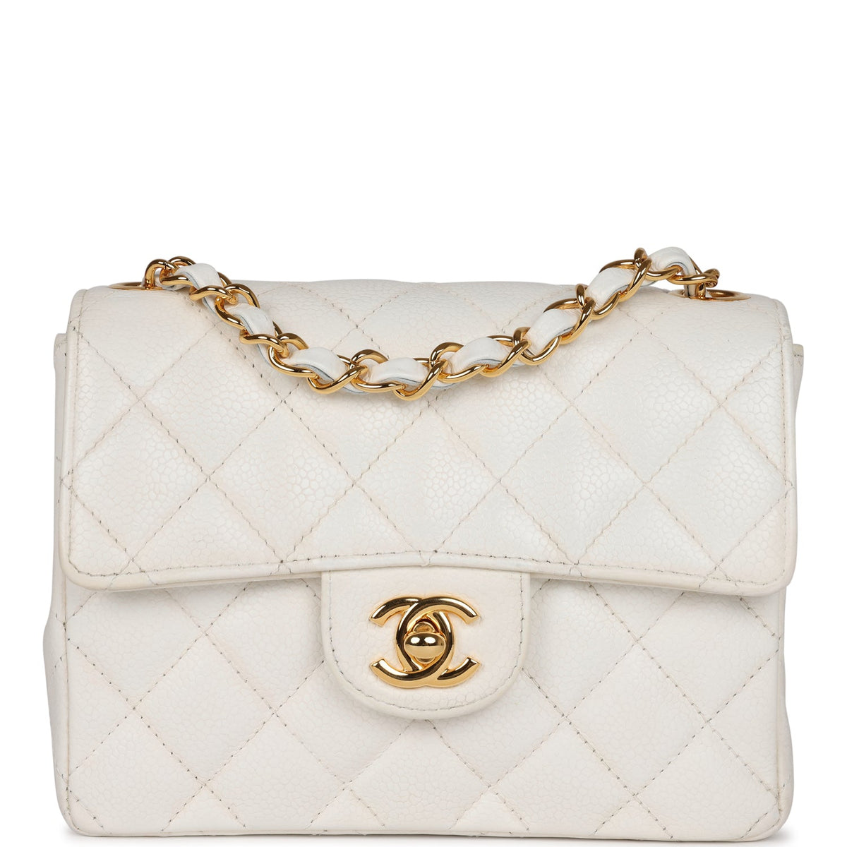 Vintage Chanel Mini Square Flap White Caviar Gold Hardware
