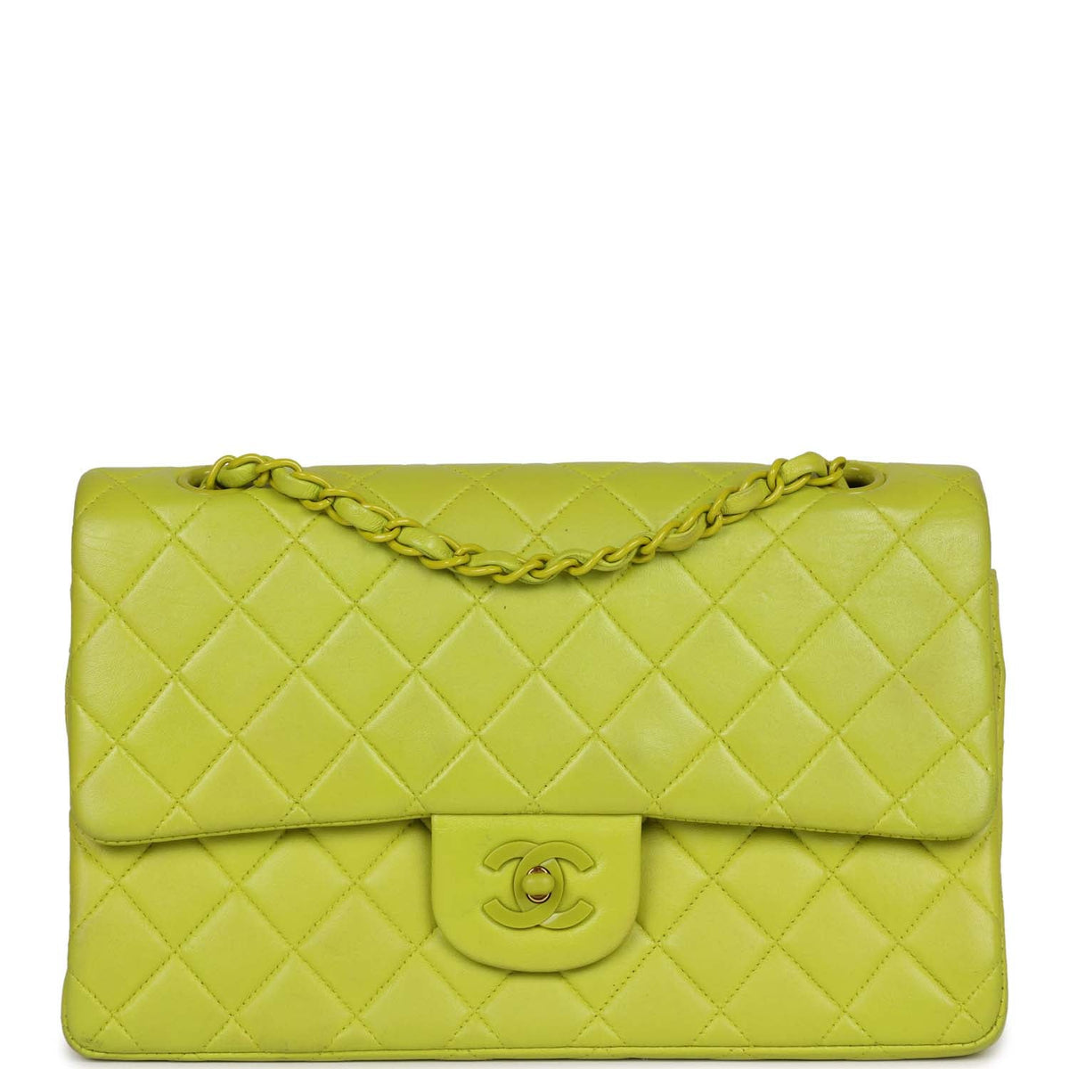 Vintage Chanel Medium Classic Double Flap Lime Green Lambskin Green Hardware