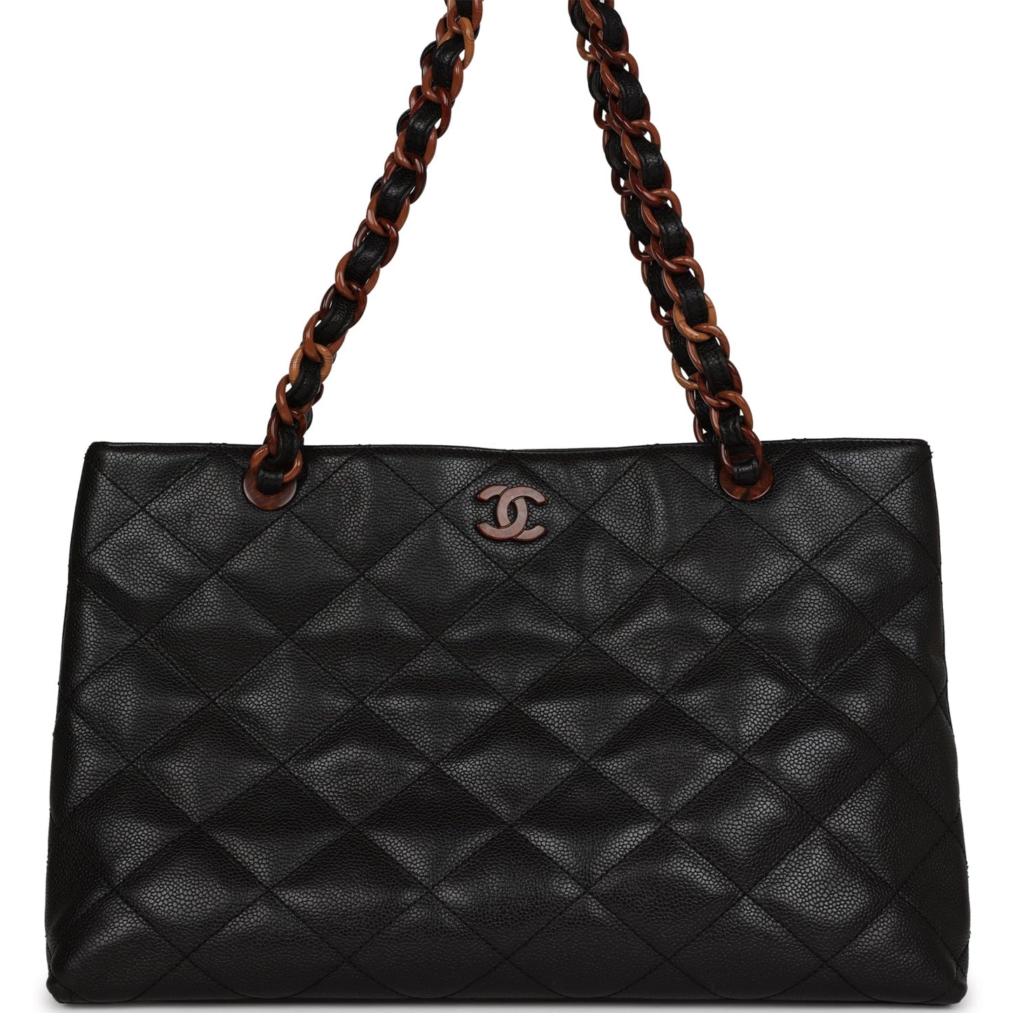 Vintage Chanel Quilted CC Tote Black Caviar Tortoiseshell Bakelite Hardware
