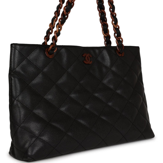 Vintage Chanel Quilted CC Tote Black Caviar Tortoiseshell Bakelite Hardware