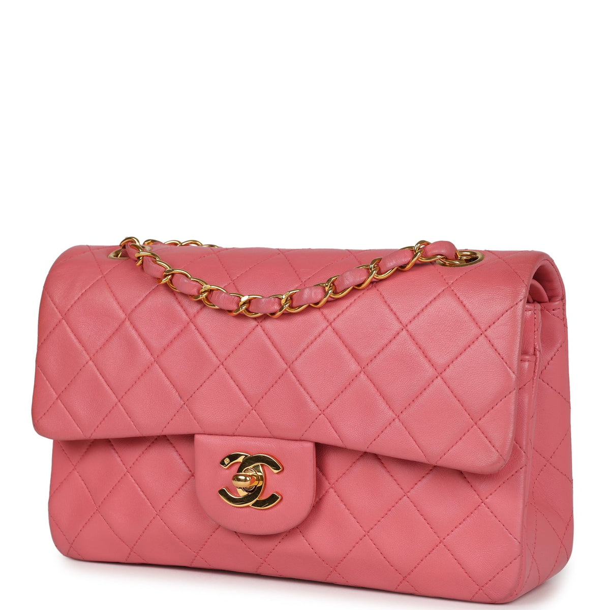 Vintage Chanel Small Classic Double Flap Bag Dark Pink Lambskin Gold Hardware