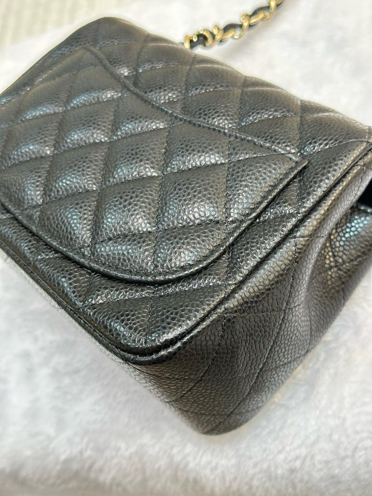 Chanel Mini Square Caviar Flap Bag Black GHW 25 holo card (Chain short than usual)