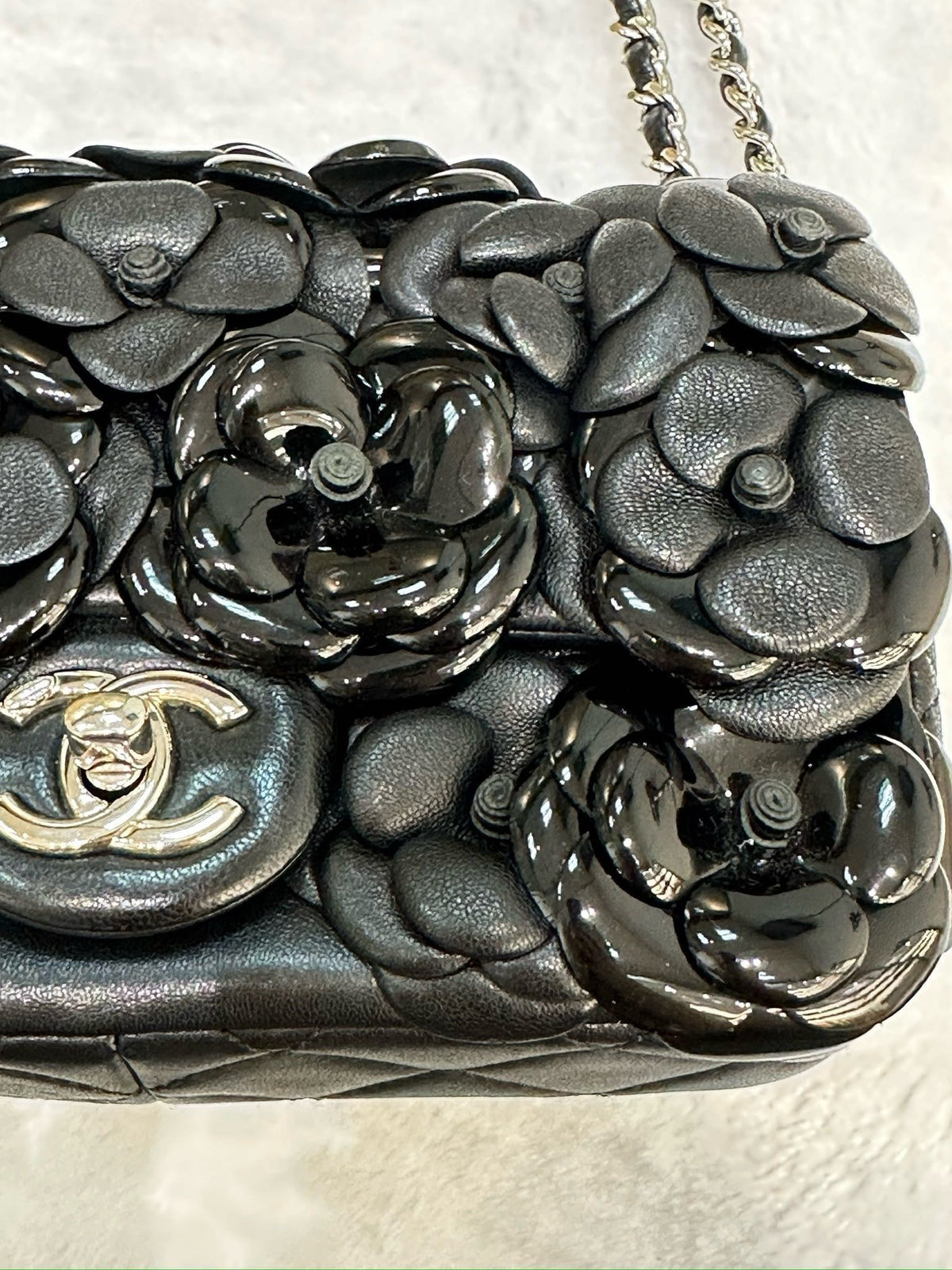 Chanel Mini Limited Edition Black Camellia  Lambskin Flap Bag