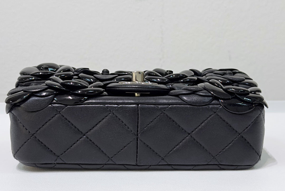 Chanel Mini Limited Edition Black Camellia  Lambskin Flap Bag