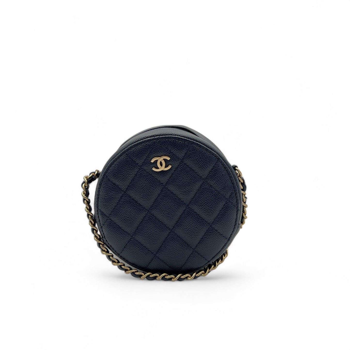 Classic Round Navy Crossbody Bag in Caviar Leather, Gold hardware