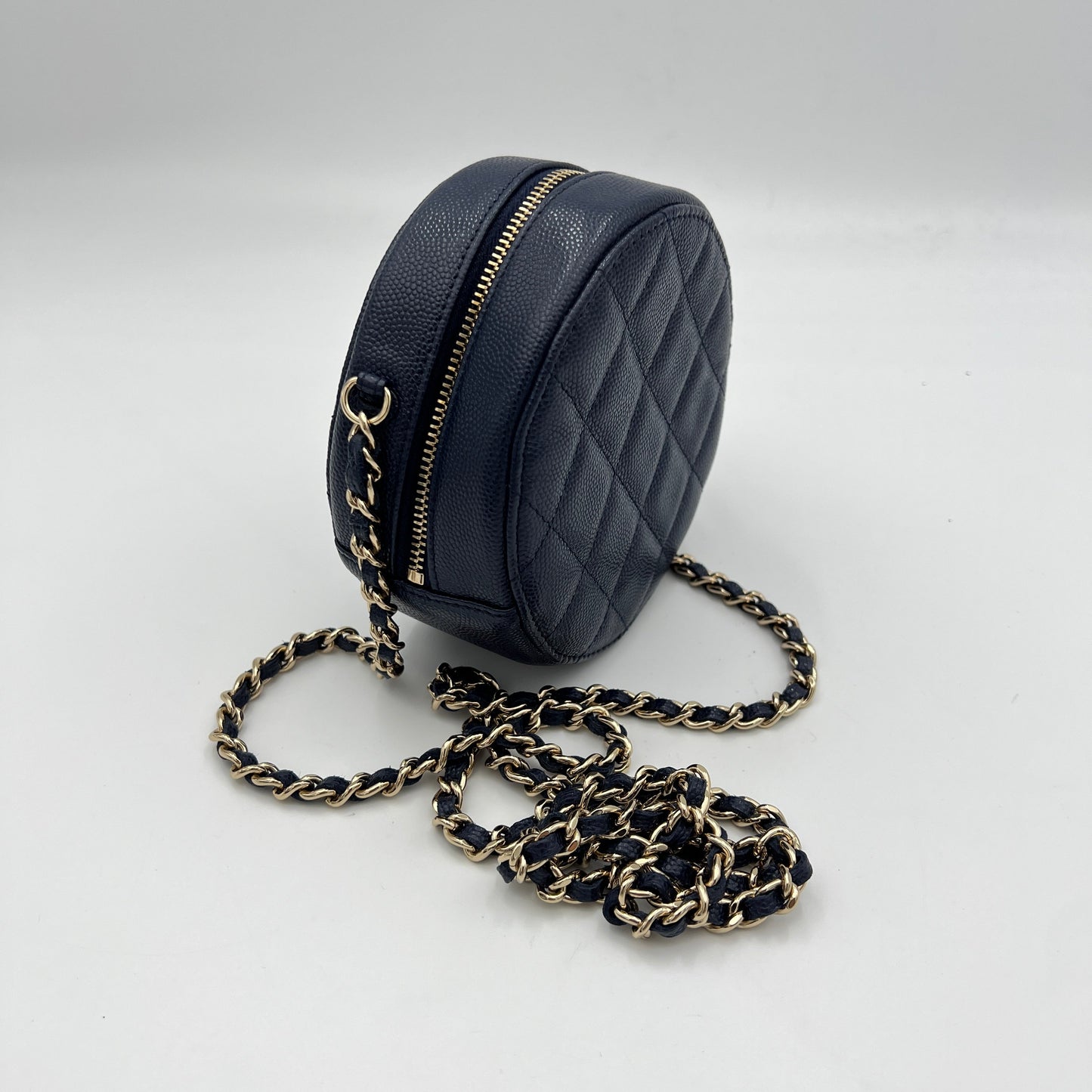 Classic Round Navy Crossbody Bag in Caviar Leather, Gold hardware