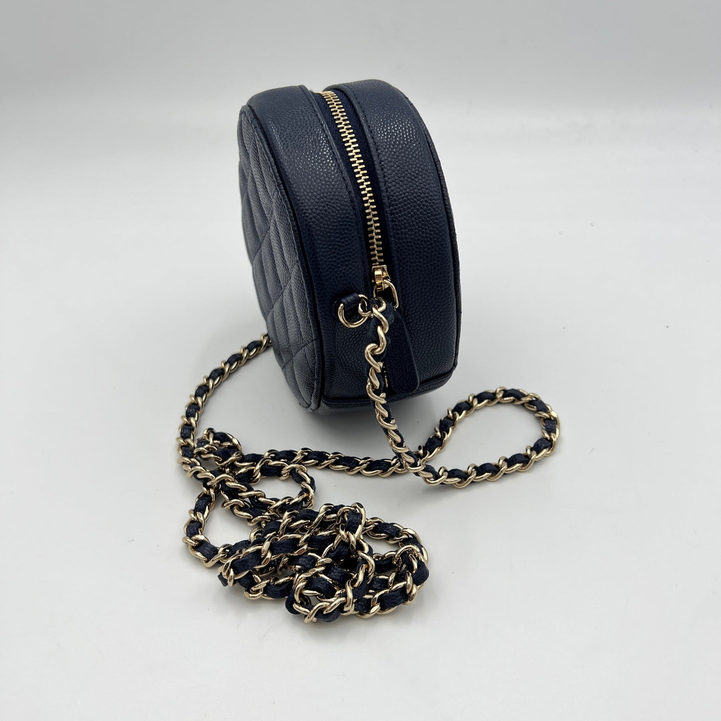 Classic Round Navy Crossbody Bag in Caviar Leather, Gold hardware