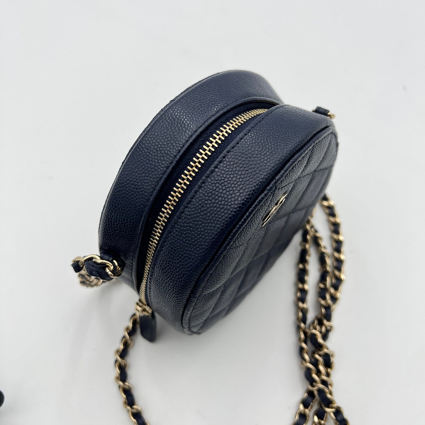 Classic Round Navy Crossbody Bag in Caviar Leather, Gold hardware