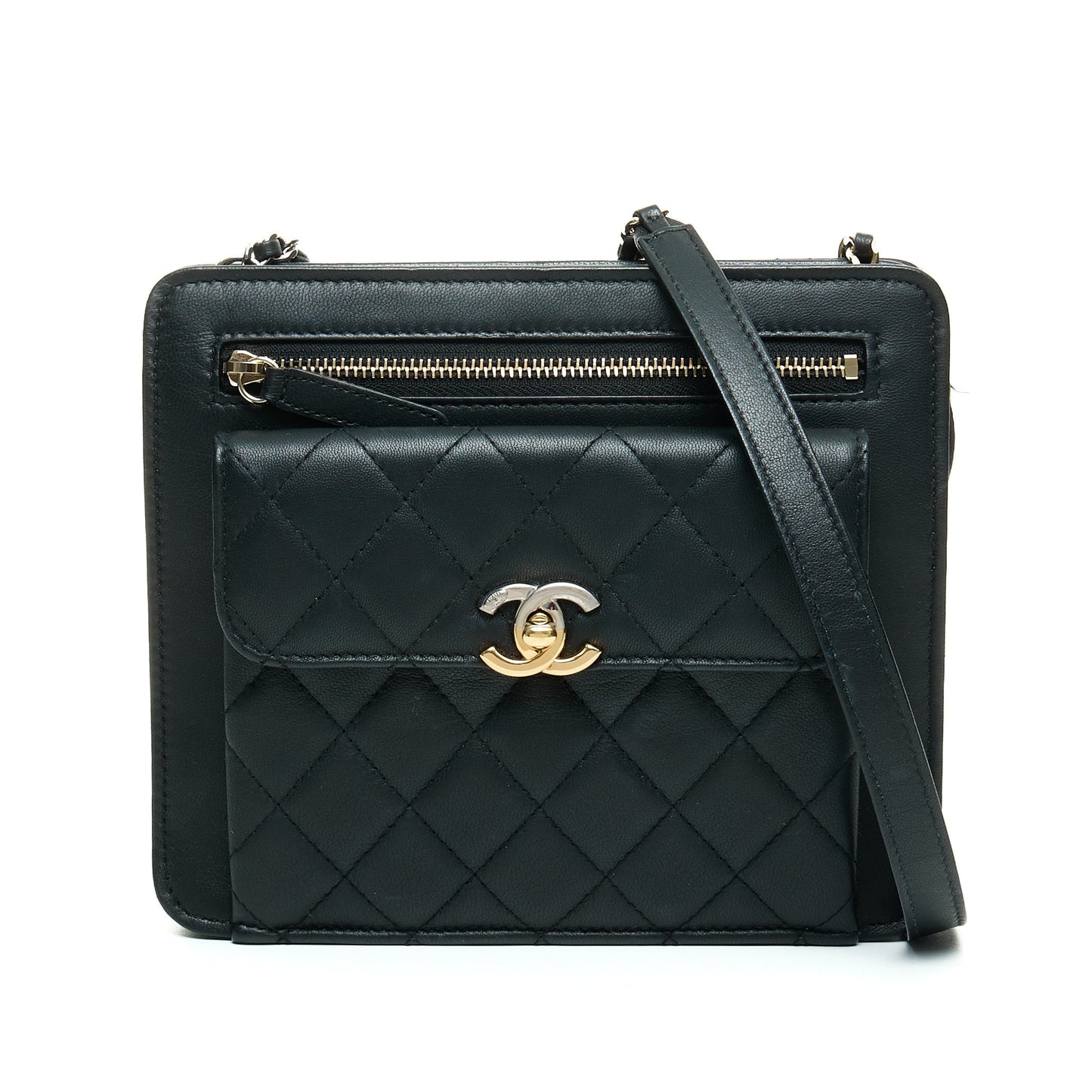 Trendy Front Pocket Black Crossbody Bag in Lambskin, Mixed hardware