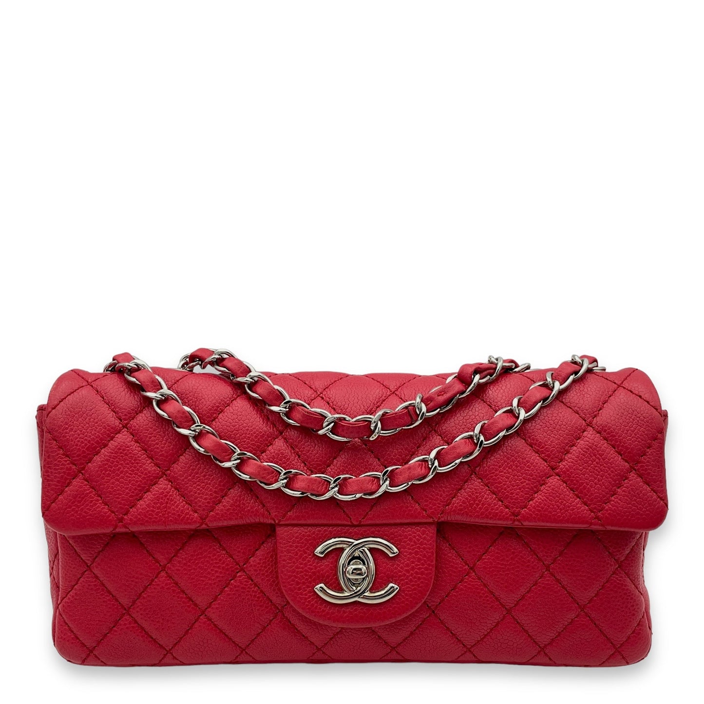 East West Red Shoulder Bag in Caviar Leather, Silver hardware