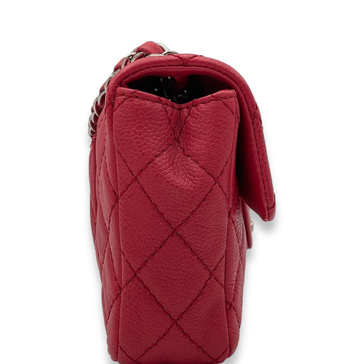 East West Red Shoulder Bag in Caviar Leather, Silver hardware