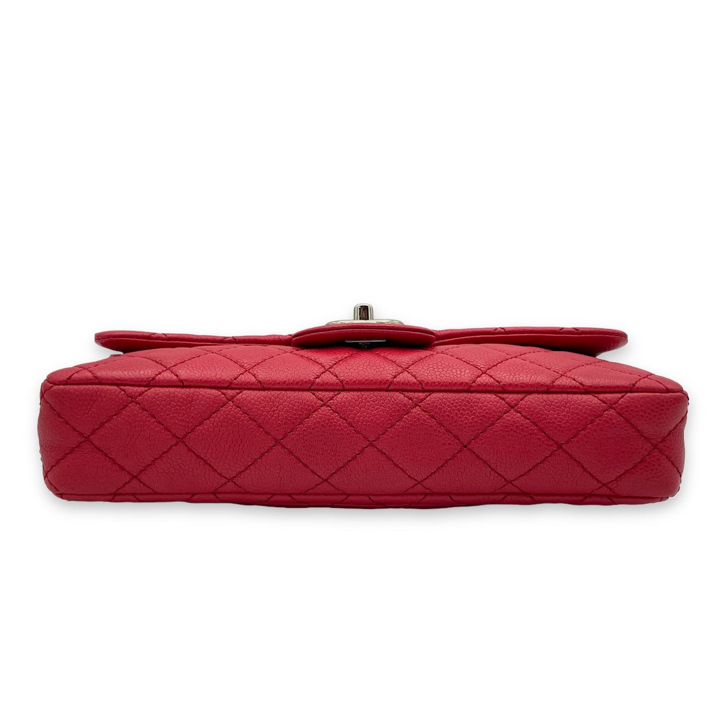 East West Red Shoulder Bag in Caviar Leather, Silver hardware