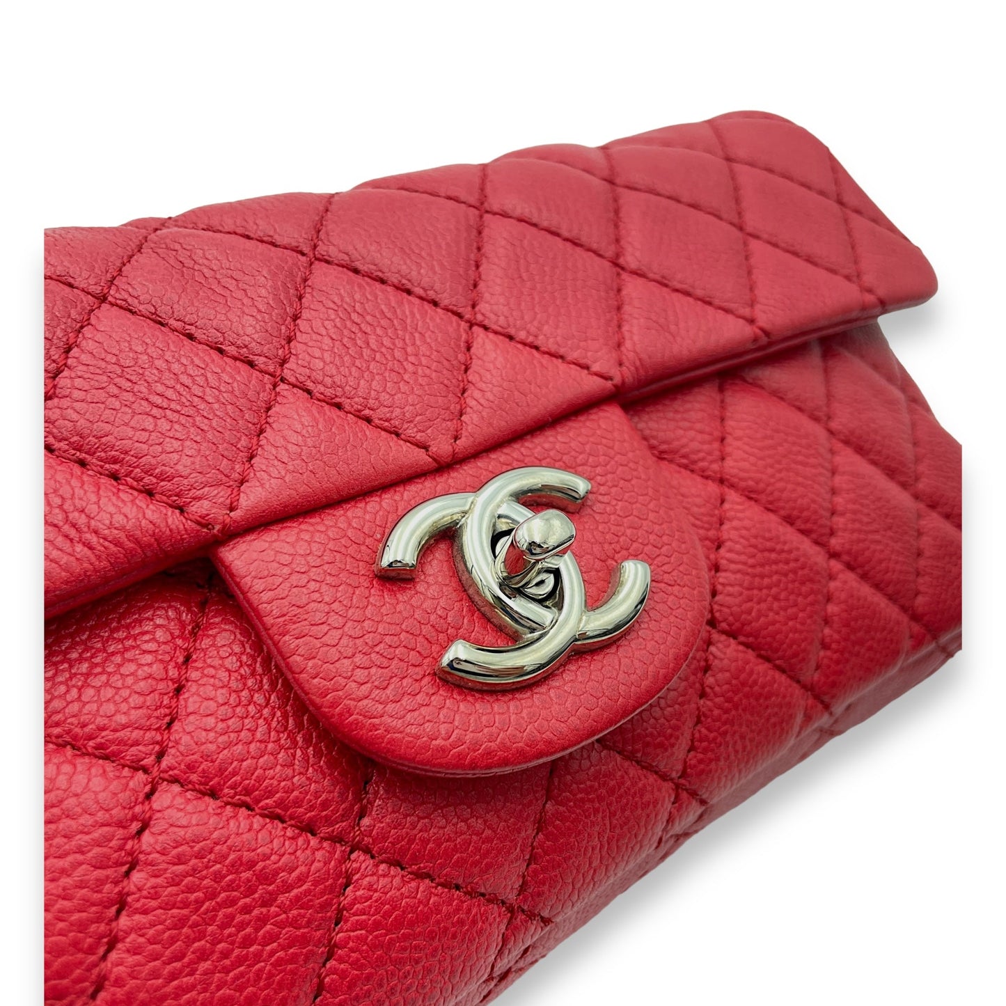 East West Red Shoulder Bag in Caviar Leather, Silver hardware