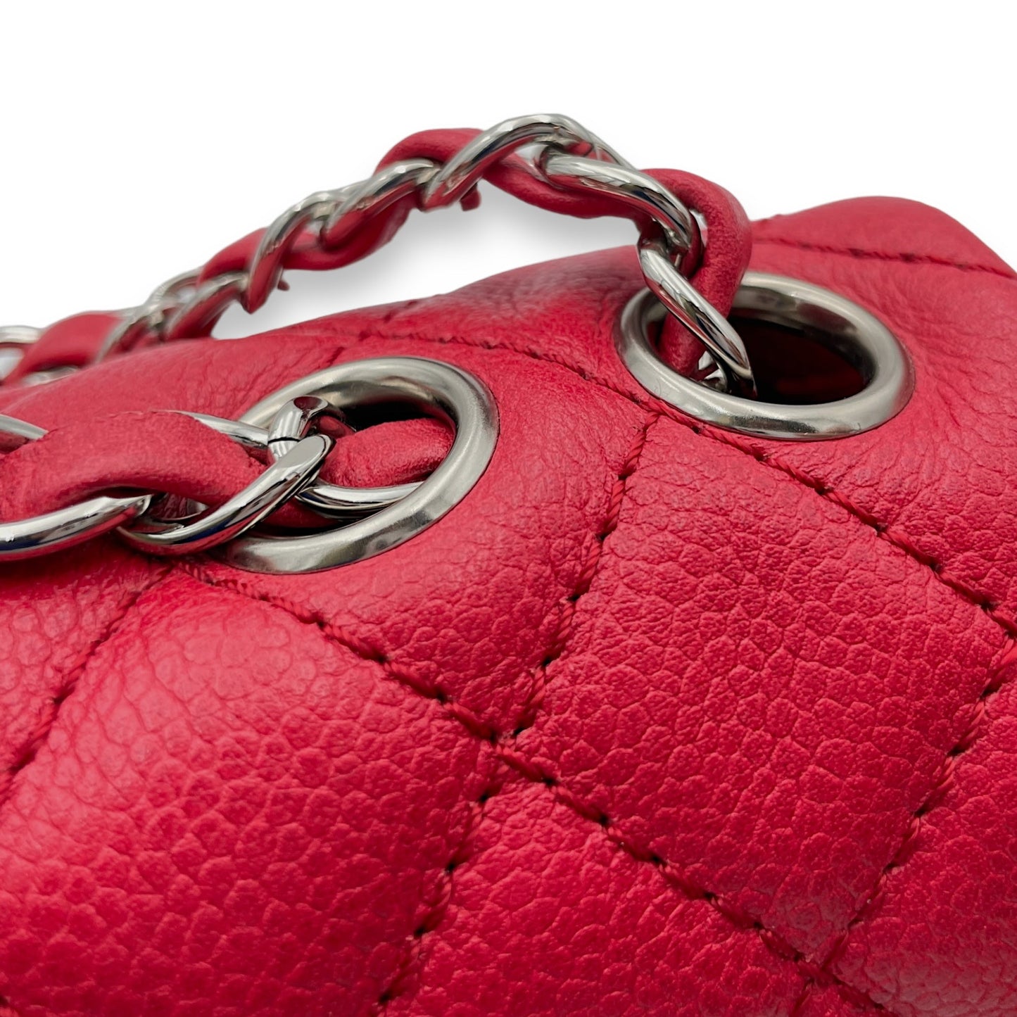 East West Red Shoulder Bag in Caviar Leather, Silver hardware