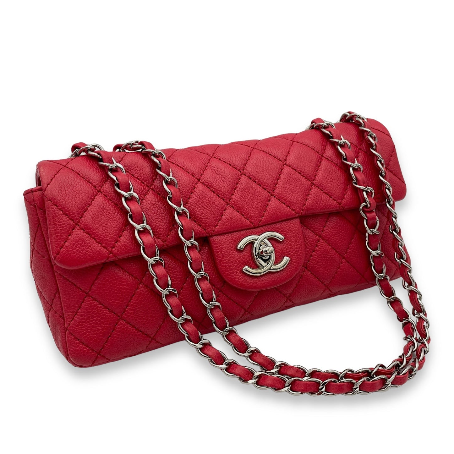 East West Red Shoulder Bag in Caviar Leather, Silver hardware