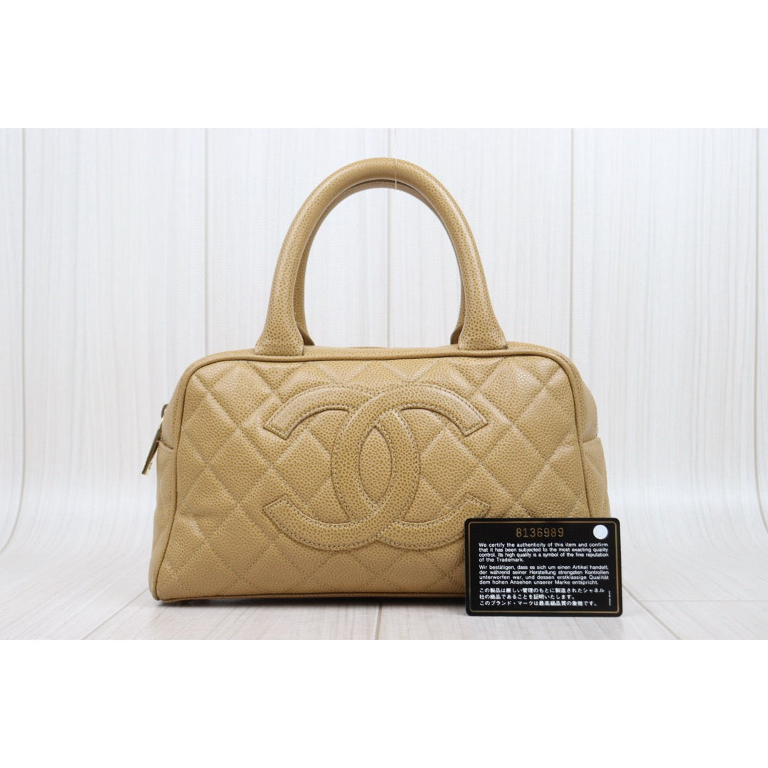 Good ( Rank AB)｜ CHANEL Caviar Skin Leather Calf Leather Bowling Hand Bag Beige Made In 2003～2004Year｜P25051601