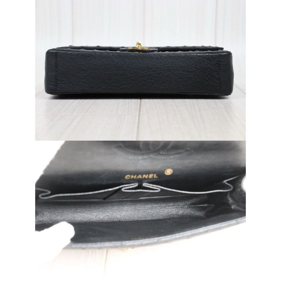 Good ( Rank AB)｜ CHANEL Ostrich Skin Double Flap 25 Chain Shoulder Bag Black Made In 1986 - 1988 Year｜25030704