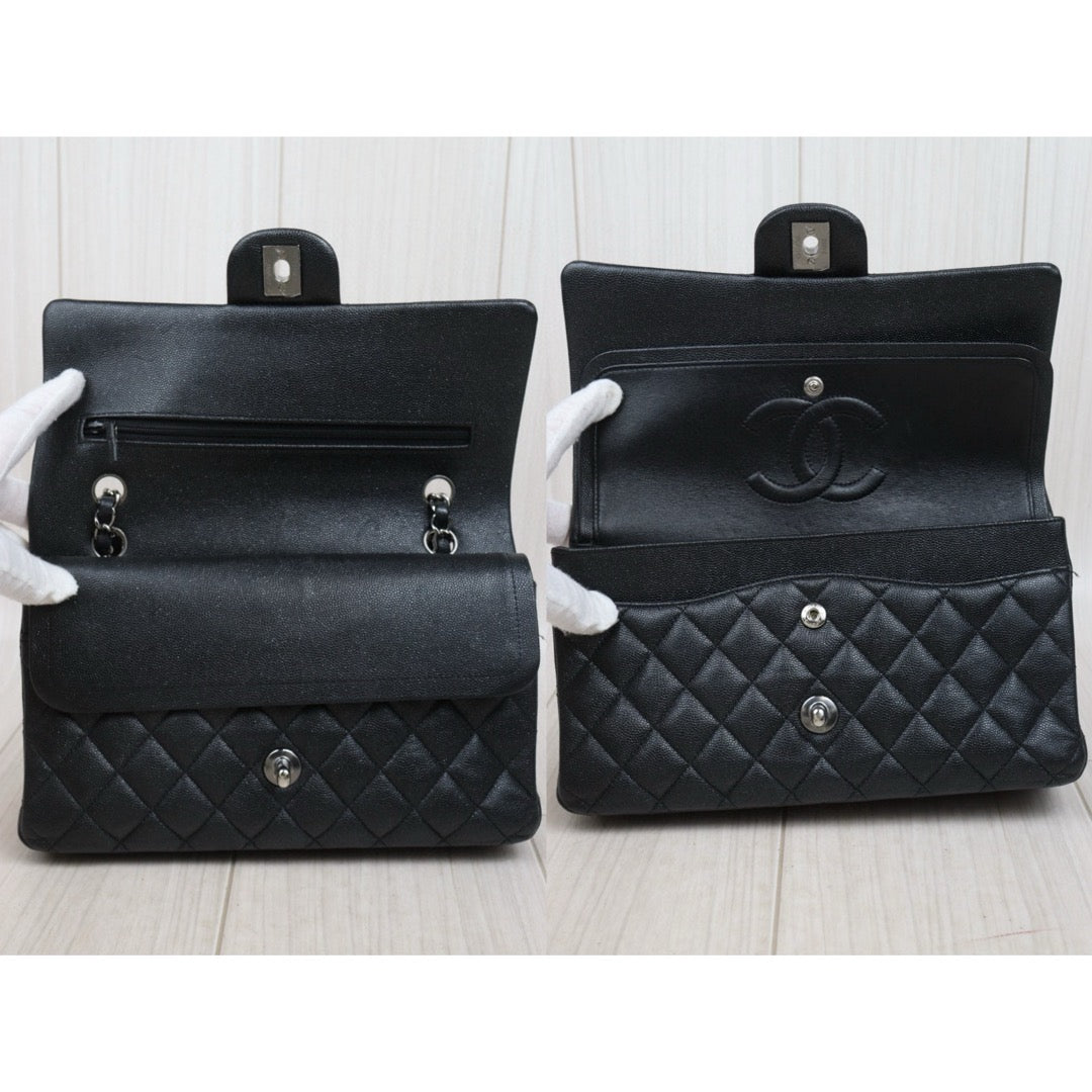Very Good ( Rank A)｜ CHANEL Caviar Skin Matrasse Double Flap 25 Shoulder Bag Pearlescent Black Made In 2017-2018Year｜P25051607