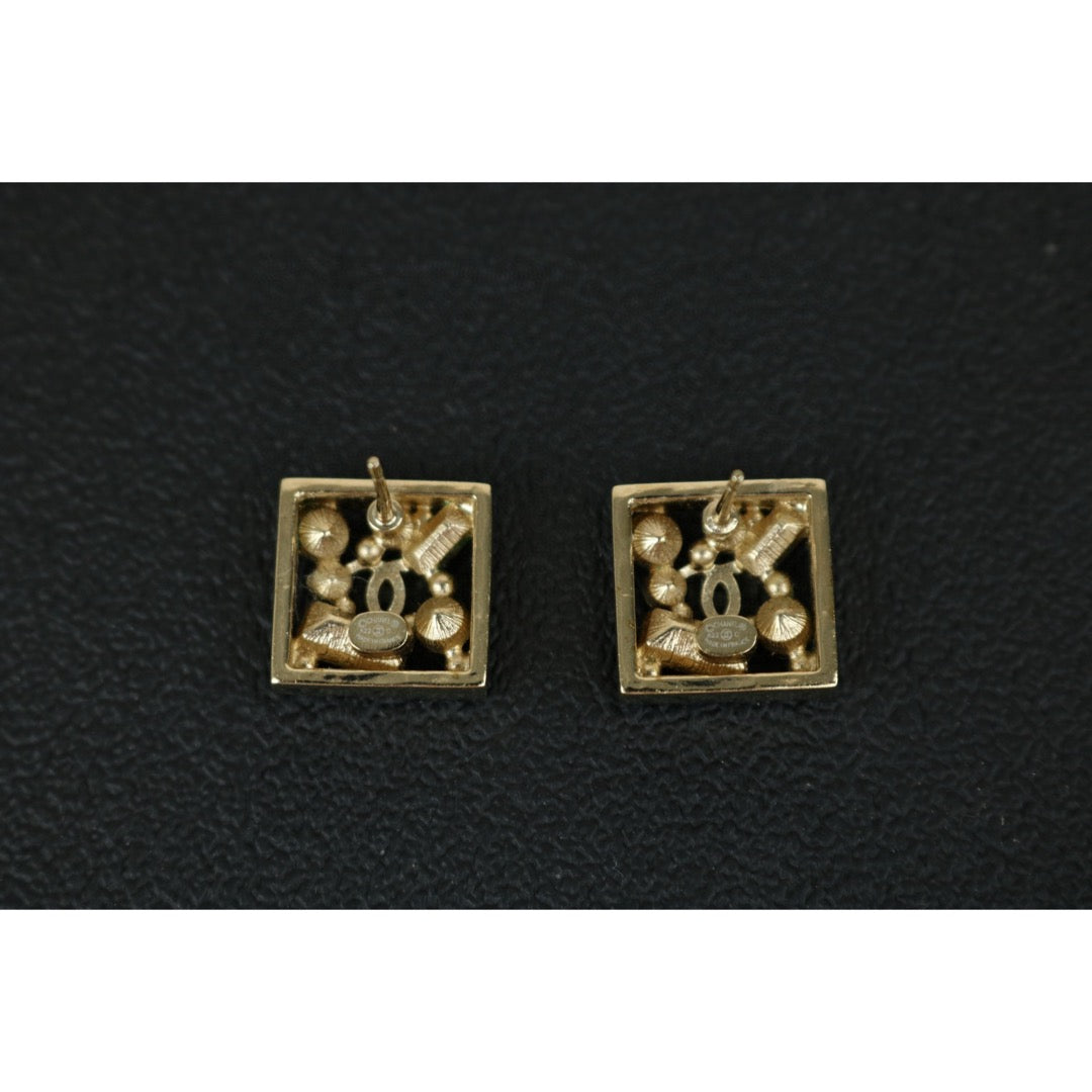Excellent（Rank SA）｜ CHANEL Coco Mark Square Rhinestone Pearl Earrings Golden｜F25022004