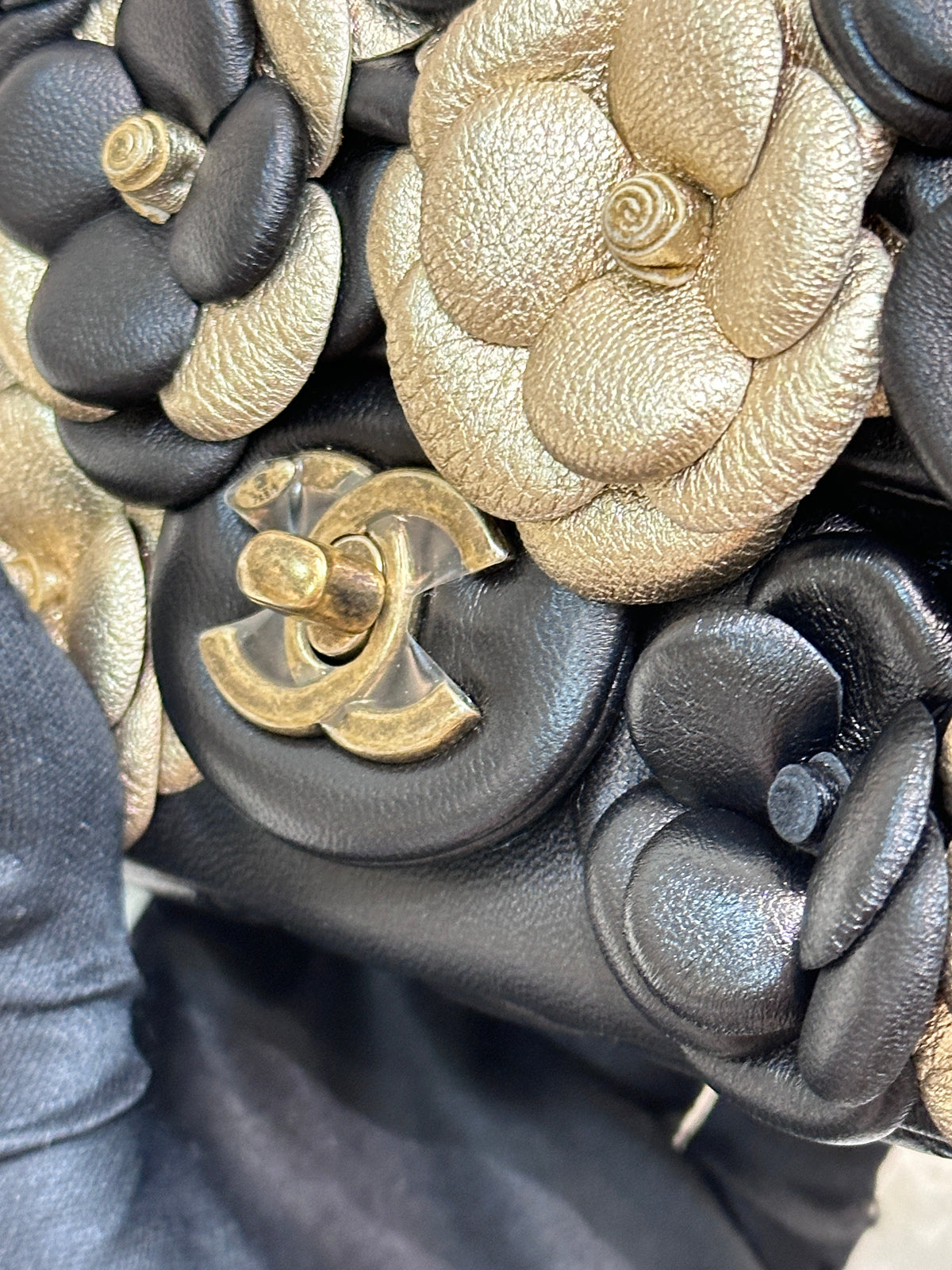 Chanel Mini Metallic Lambskin Quilted Camellia Flap  Bag Black Gold