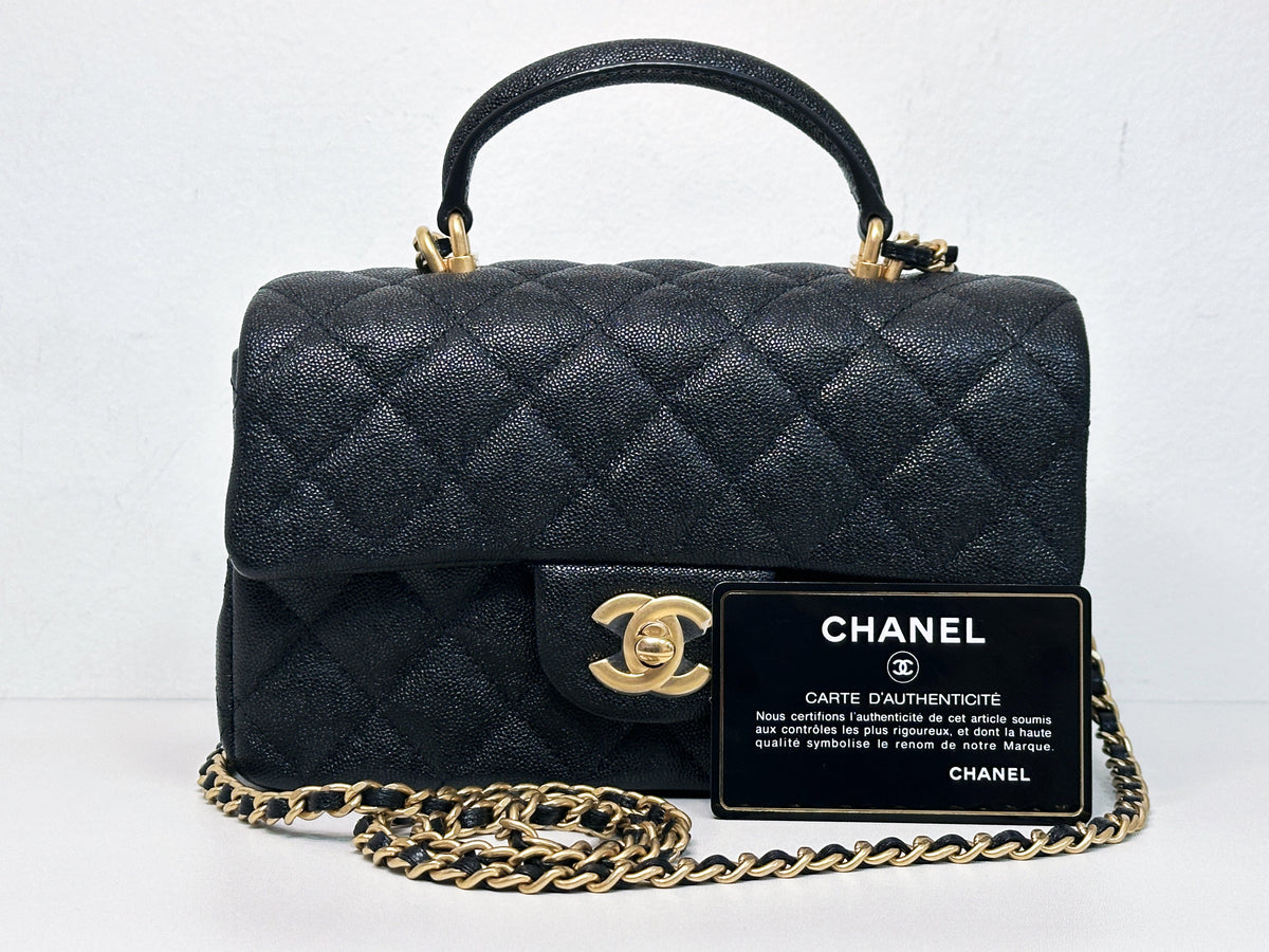 Chanel Mini Rectangular Top Handle Flap Bag Black Caviar GHW 3126 holo card