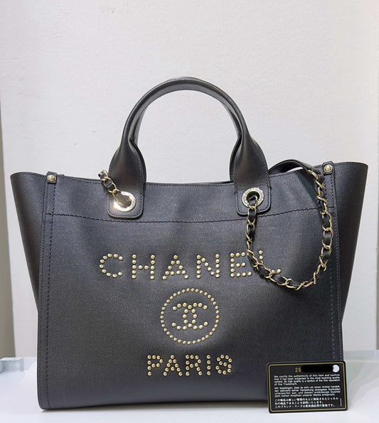 Chanel Small Deauville Caviar Tote Studded Black