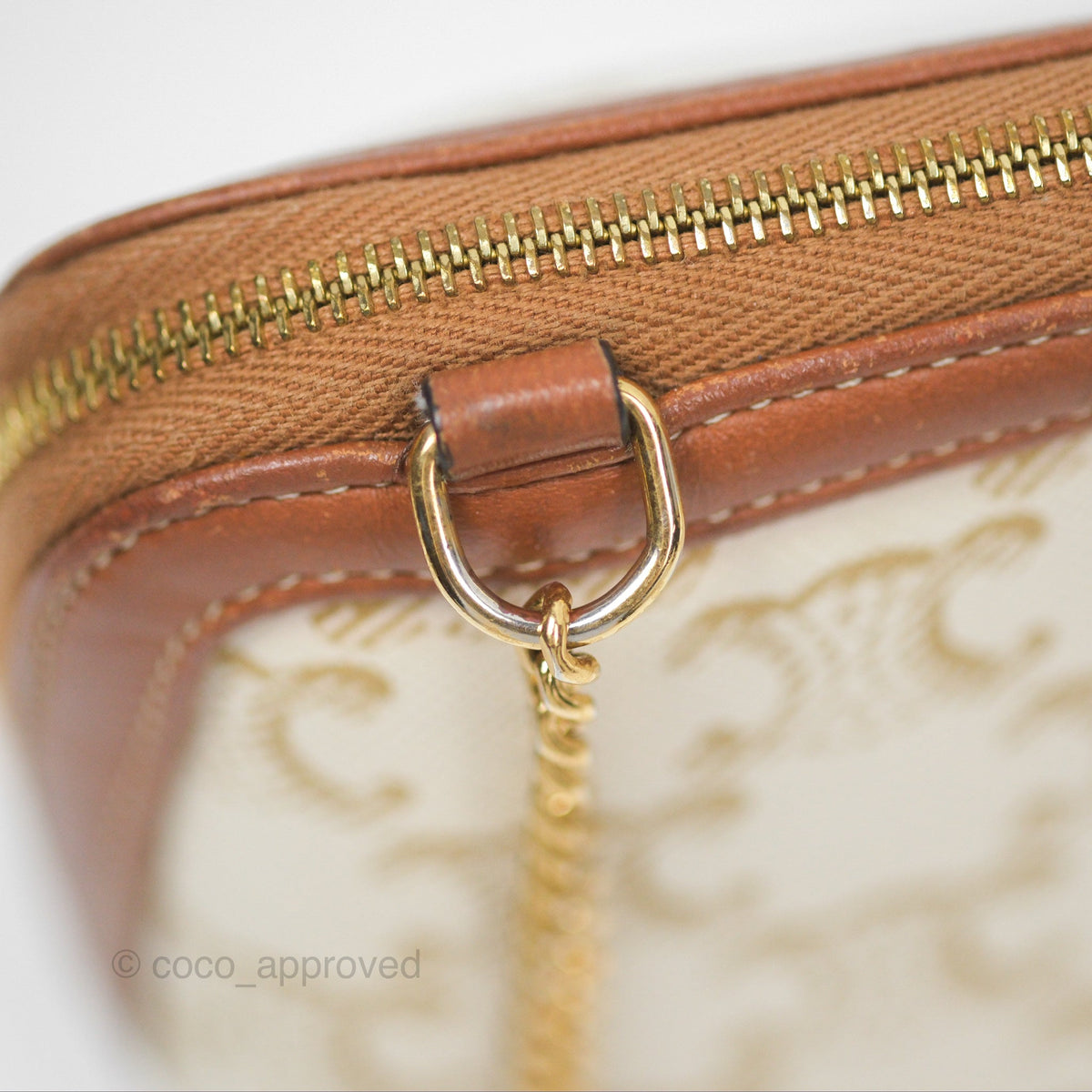 Celine Clutch With Chain Triomphe Canvas Lambskin White/Tan