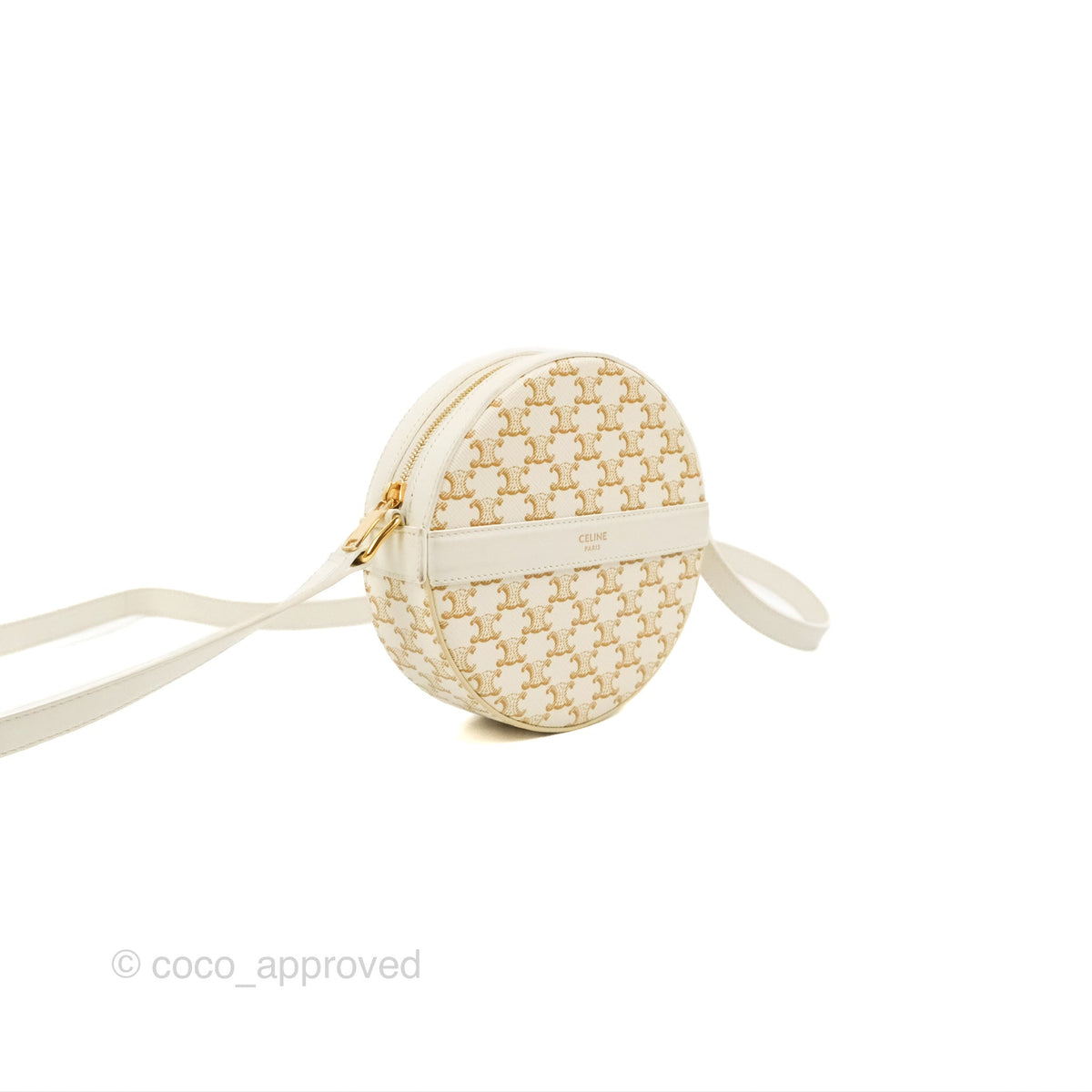 Celine Round Purse on Strap Triomphe Canvas White Calfskin
