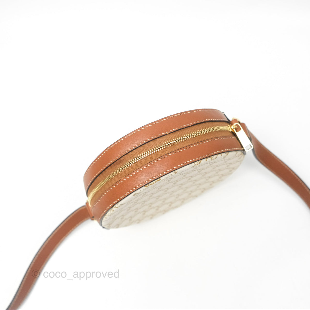 Celine Round Purse on Strap Triomphe Canvas White Tan