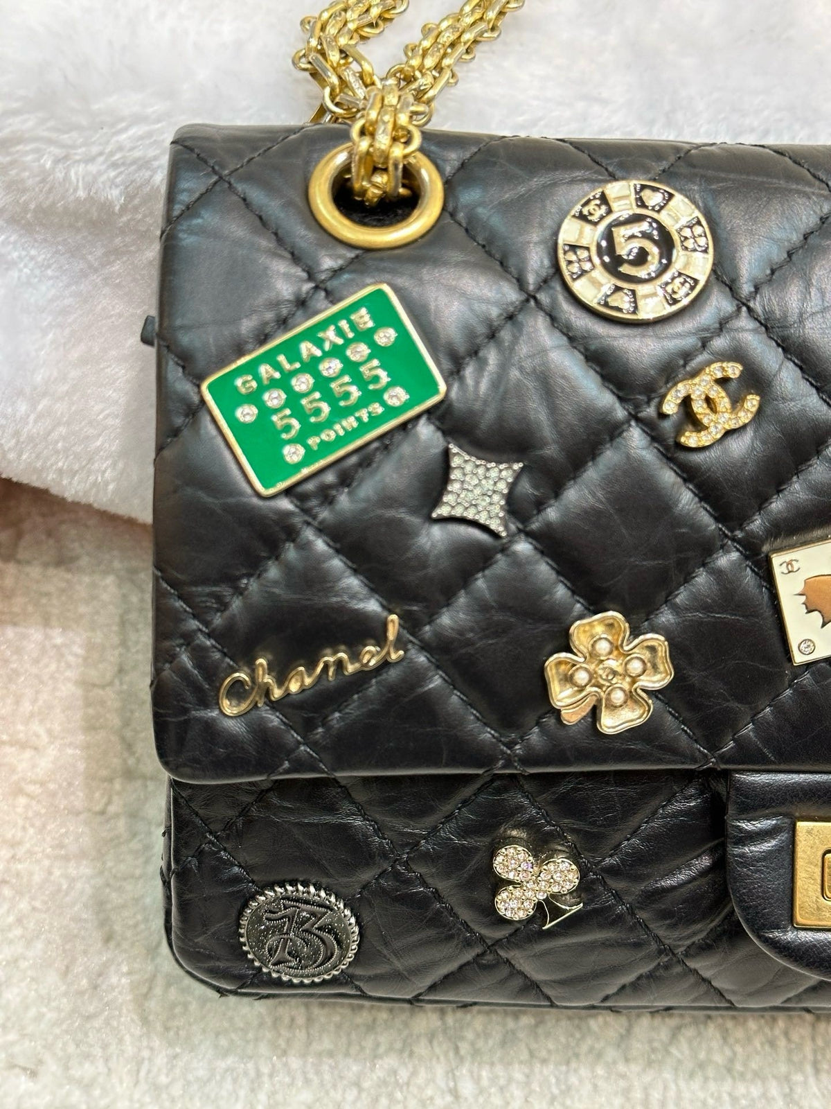 Chanel Small 2.55 Reissue Aged Calfskin Lucky Charms 225 Flap Black GHW