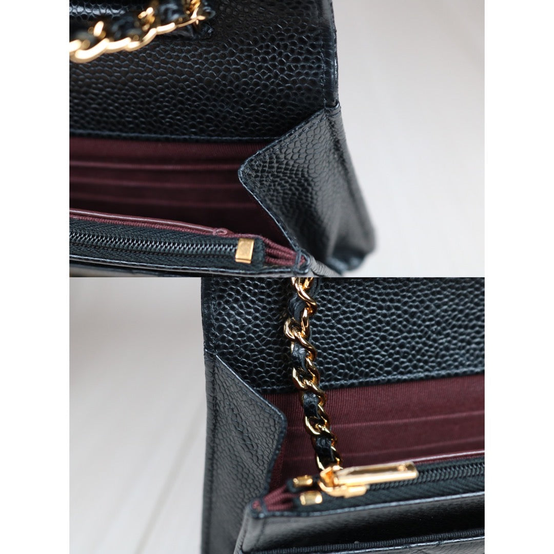 Very Good ( Rank A)｜ CHANEL Matelasse Caviar Skin Chain Wallet Black Gold Hardware Made in 2021-2022 Year ｜W24053101