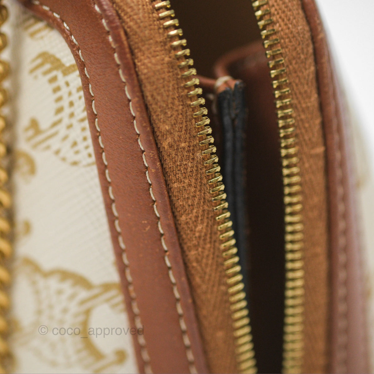 Celine Clutch With Chain Triomphe Canvas Lambskin White/Tan