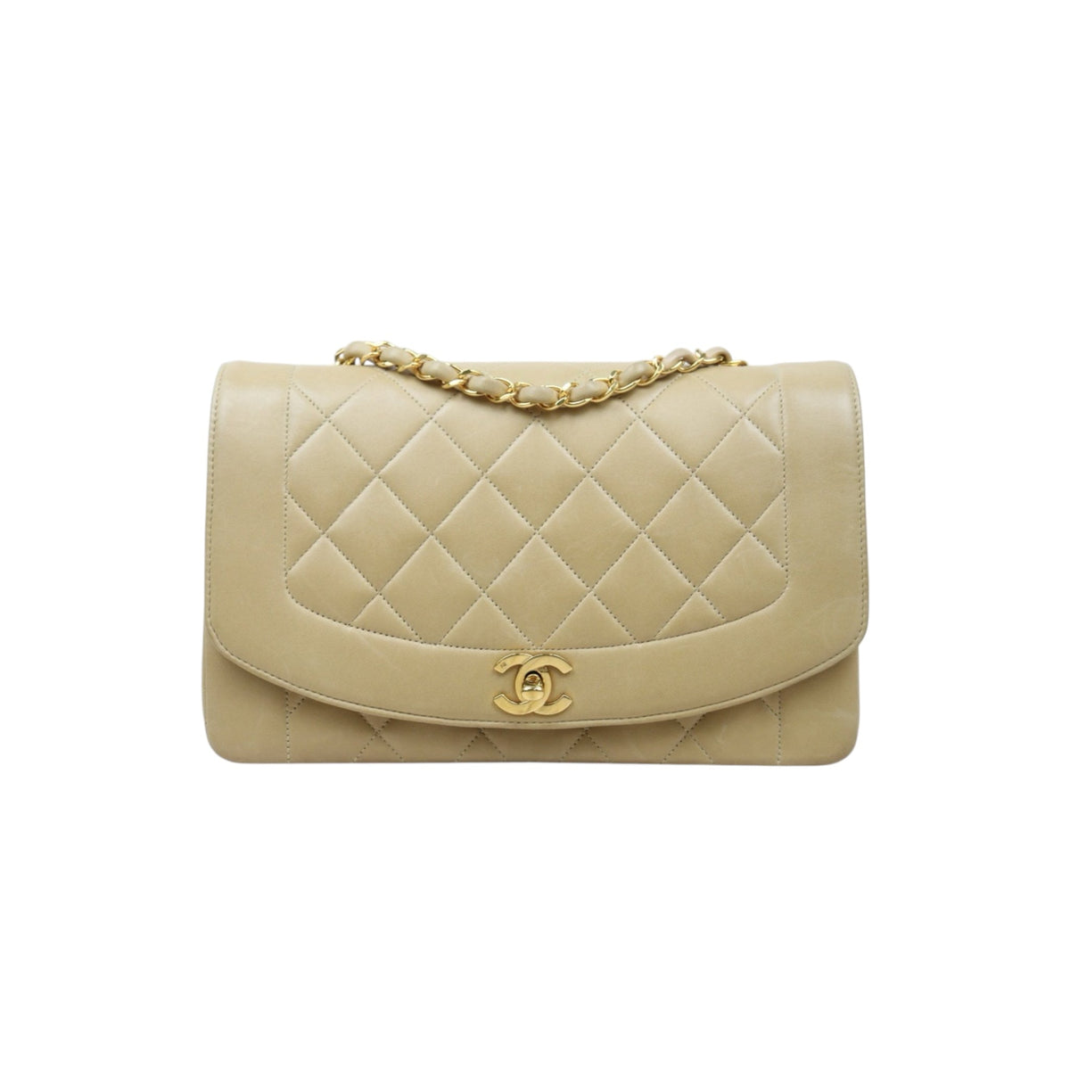 Good ( Rank AB)｜ CHANEL Matrasse Diana 25 Lamb Skin Chain Bag Beige Made in 1991-1994 Year｜V24122601