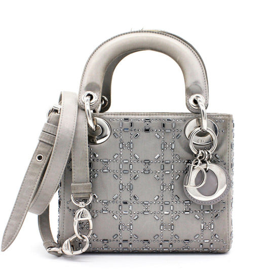 Dior Satin Crystal Cannage Mini Lady Dior Grey