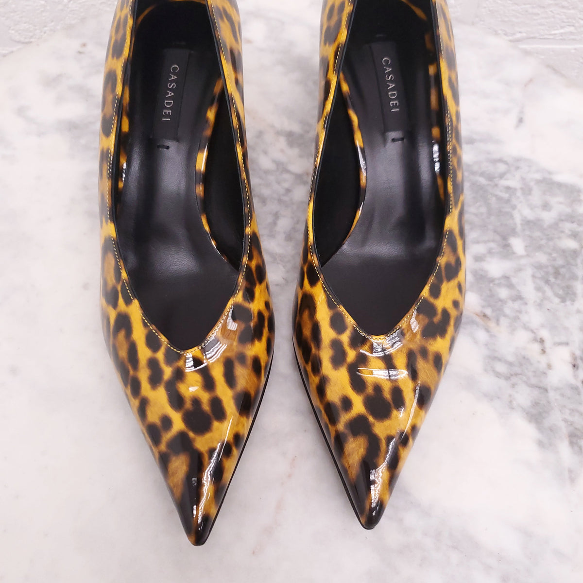 CASADEI LEOPARD PATENT KITTEN HEELS - SIZE 37