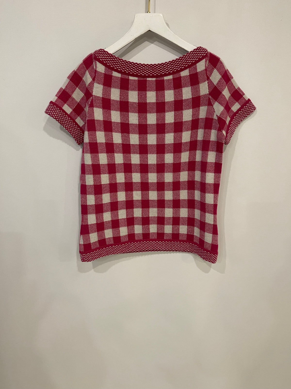 Chanel Pink and White Gingham Cashmere Short-Sleeve Top with CC Logo Size FR 38 (UK 10)