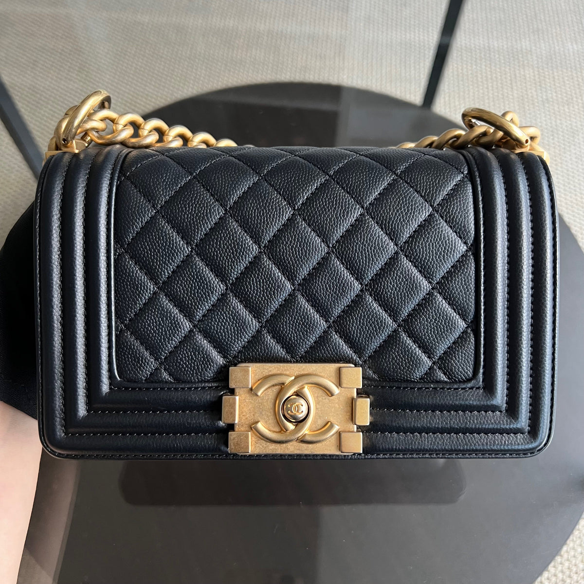 Caviar Boy Small 20CM Quilted Grained Calfskin Black Leboy Golden Hardware Series 24