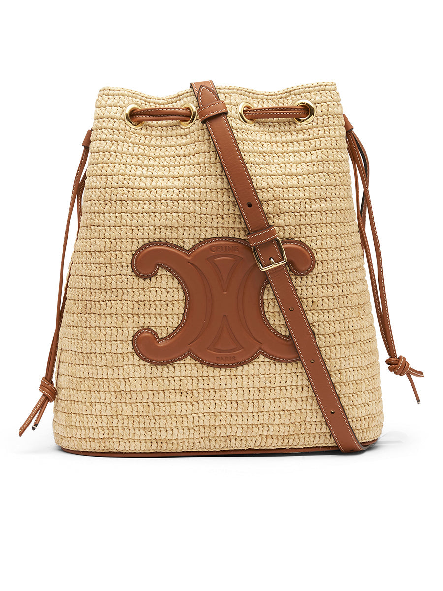 Small Triomphe Bucket Bag in Raffia and Calfskin