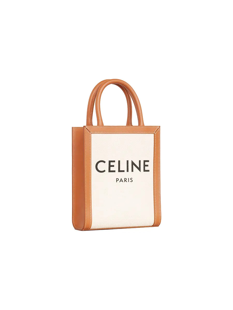 Mini Vertical Cabas Celine in Textile with Celine Print and Calfskin in Tan