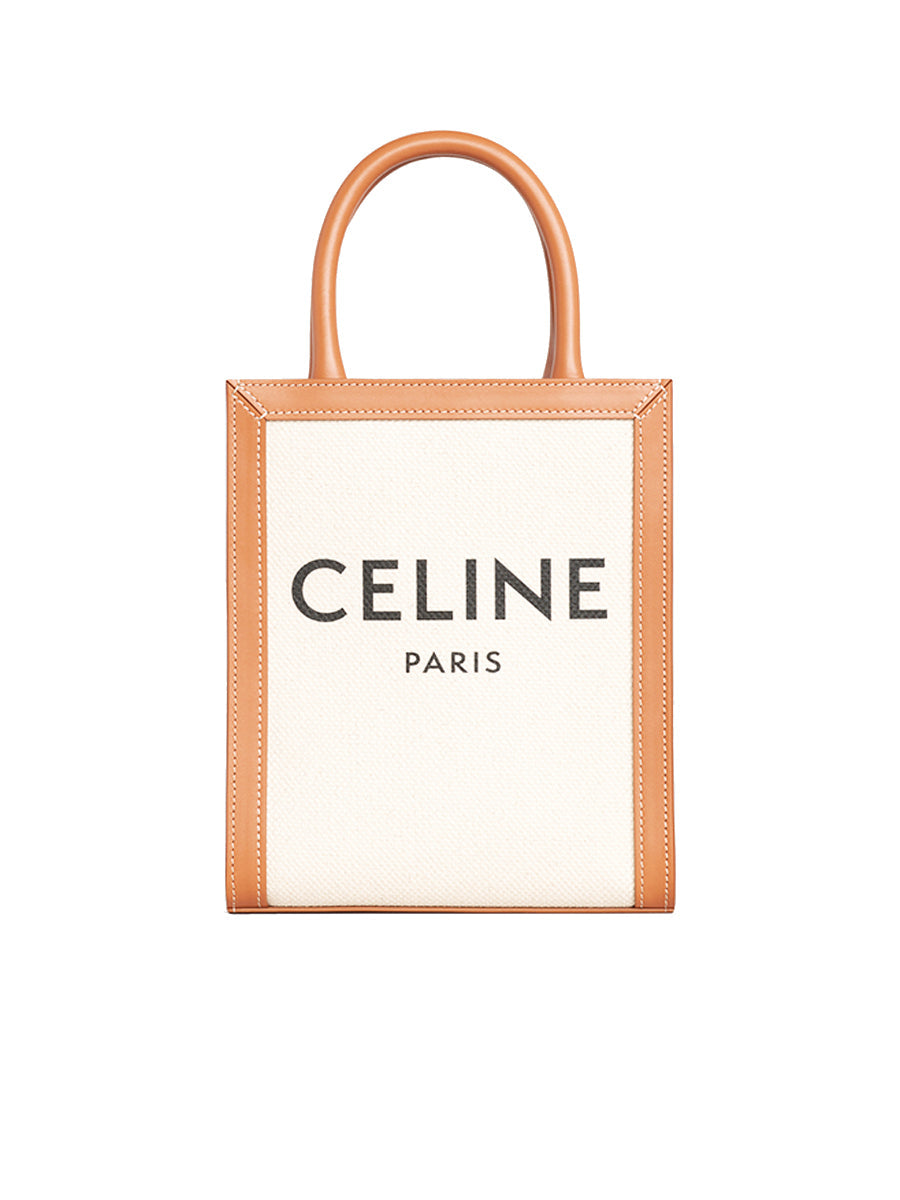 Mini Vertical Cabas Celine in Textile with Celine Print and Calfskin in Tan